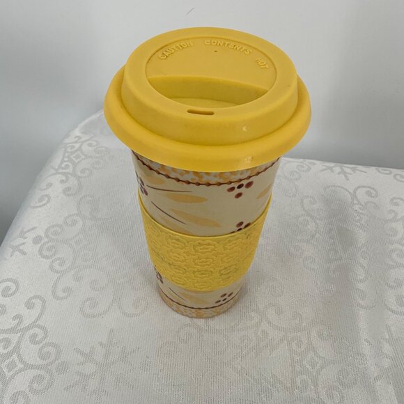 Temptations Old World 16oz Travel Mug Lid Yellow Floral Design - Picture 2 of 6
